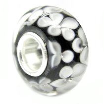 Sterling Silver Round Flower Murano BLACK Glass Bead for European Charm Bracelets