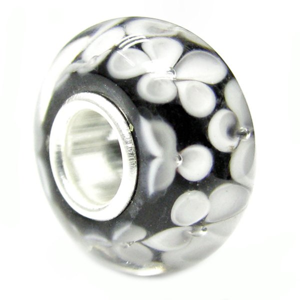 Sterling Silver Round Flower Murano BLACK Glass Bead for European Charm Bracelets