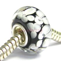 Sterling Silver Round Flower Murano BLACK Glass Bead for European Charm Bracelets