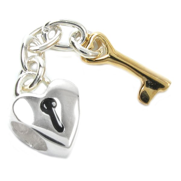 Sterling Silver LOVE HEART GOLD Lock KEY Dangle Bead for European Charm Bracelets