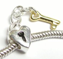 Sterling Silver LOVE HEART GOLD Lock KEY Dangle Bead for European Charm Bracelets