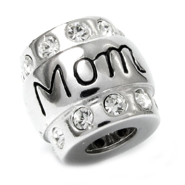 Sterling Silver MOM Mother CZ Crystal Bead for European Charm Bracelets