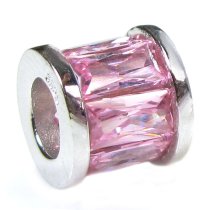 Sterling Silver ROUND PINK Rose Birthstone October CZ TUBE Bead for European Charm Bracelets