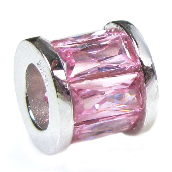 Sterling Silver ROUND PINK Rose Birthstone October CZ TUBE Bead for European Charm Bracelets