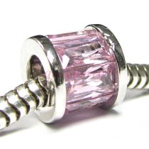 Sterling Silver ROUND PINK Rose Birthstone October CZ TUBE Bead for European Charm Bracelets