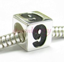 Sterling Silver Dice Cube Digit 9 Nine Bead Tube for European Charm Bracelets