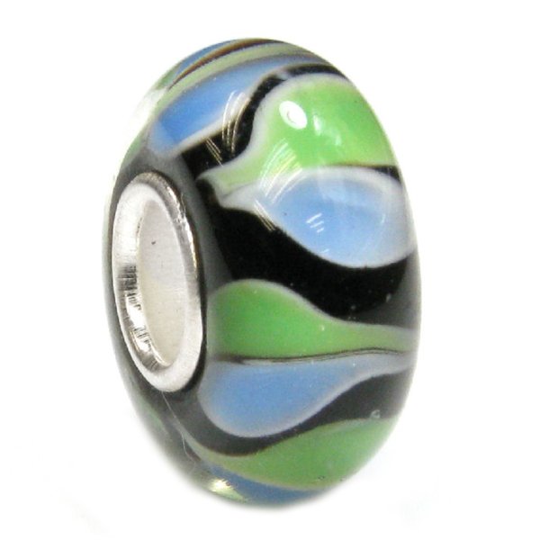 Sterling Silver Round Wheel Murano GREEN & BLUE Glass Bead for European Charm Bracelets 12.6mm
