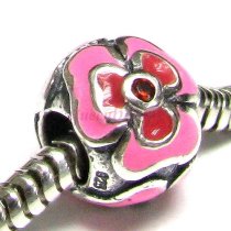 Sterling Silver Enamel CZ Pink Red Flower Bead for European Charm Bracelets