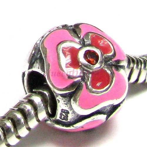 Sterling Silver Enamel CZ Pink Red Flower Bead for European Charm Bracelets