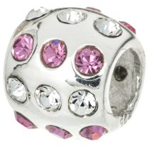 Sterling Silver ROUND BALL w/ PINK ROSE & CLEAR CZ Crystal Bead for European Charm Bracelets