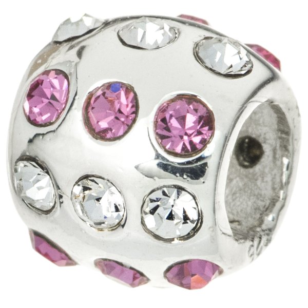 Sterling Silver ROUND BALL w/ PINK ROSE & CLEAR CZ Crystal Bead for European Charm Bracelets