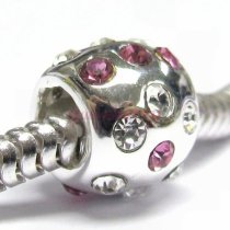 Sterling Silver ROUND BALL w/ PINK ROSE & CLEAR CZ Crystal Bead for European Charm Bracelets
