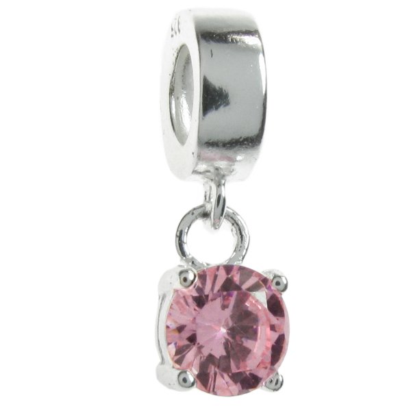 Sterling SilverOctober Birthstone Dangle Pink Rose CZ Stone Pendant Bead for European Charm Bracelets