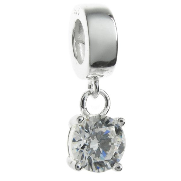 Sterling Silver April Birthstone Dangle Clear CZ Stone Pendant Bead for European Charm Bracelets