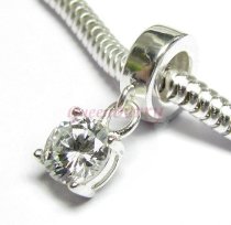 Sterling Silver April Birthstone Dangle Clear CZ Stone Pendant Bead for European Charm Bracelets