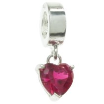 Sterling Silver Dangle HEART Love Fuchsia Red CZ Stone Pendant Bead for European Charm Bracelets