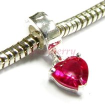 Sterling Silver Dangle HEART Love Fuchsia Red CZ Stone Pendant Bead for European Charm Bracelets