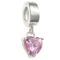 Sterling Silver Dangle HEART Love Pink Rose CZ October Birthstone Pendant Bead for European Charm Bracelets