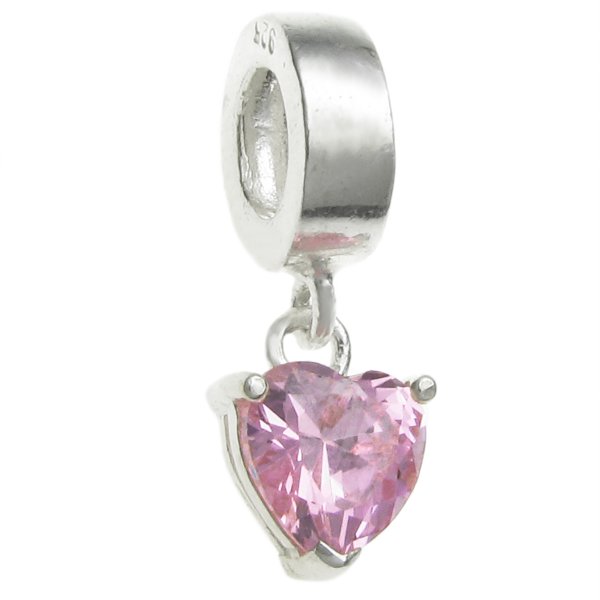 Sterling Silver Dangle HEART Love Pink Rose CZ October Birthstone Pendant Bead for European Charm Bracelets