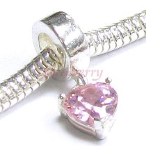 Sterling Silver Dangle HEART Love Pink Rose CZ October Birthstone Pendant Bead for European Charm Bracelets