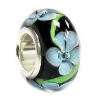 Sterling Silver Murano BLACK Blue FLOWER Glass Bead for European Charm Bracelets 12.5mm