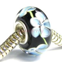 Sterling Silver Murano BLACK Blue FLOWER Glass Bead for European Charm Bracelets 12.5mm