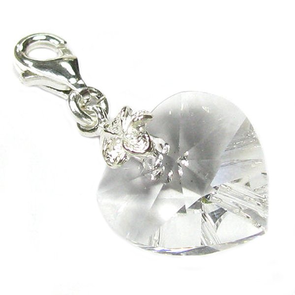 STERLING SILVER Swarovski Crystal Clear Heart Love Charm for European Style Clip on Charm