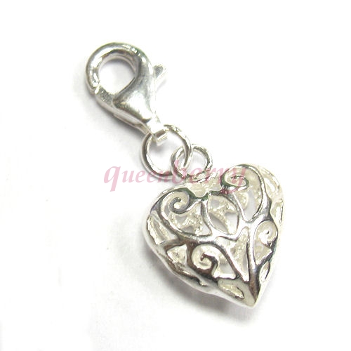 Sterling silver Dangle Heart Love Filigree Pendant for European Style Clip on Charm