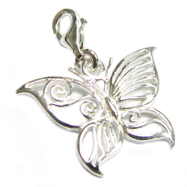 Sterling silver FILIGREE Butterfly Dangle Charm Pendant European Style Clip on Charm