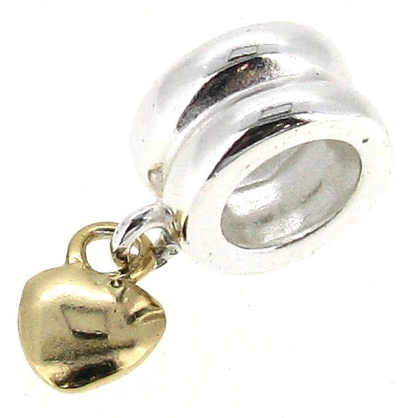 14K Gold on 925 Sterling Silver SWEET HEART dangle for European Story Charm Bracelets