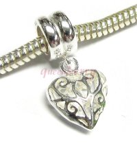 Sterling Silver Sweet Filigree Flower Love Heart Dangle Bead Compatible with European Story Charm 3mm Snake Cable Chain Bracelets