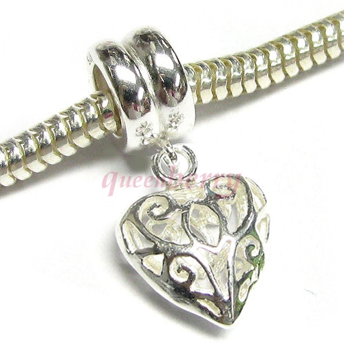 Sterling Silver Sweet Filigree Flower Love Heart Dangle Bead Compatible with European Story Charm 3mm Snake Cable Chain Bracelets