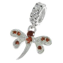 Sterling Silver Dragonfly CZ Siam Red Crystal Dangle Bead Compatible with European Story Charm 3mm Snake Cable Chain Bracelets 925