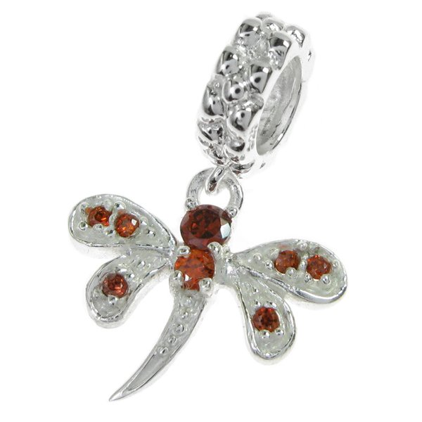 Sterling Silver Dragonfly CZ Siam Red Crystal Dangle Bead Compatible with European Story Charm 3mm Snake Cable Chain Bracelets 925