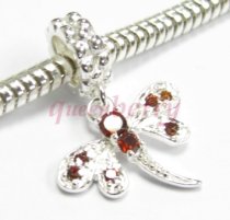 Sterling Silver Dragonfly CZ Siam Red Crystal Dangle Bead Compatible with European Story Charm 3mm Snake Cable Chain Bracelets 925