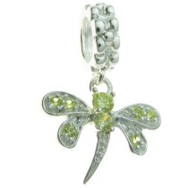 Sterling Silver Dragonfly CZ Light Peridot Crystal Dangle Bead Compatible with European Story Charm 3mm Snake Cable Chain Bracelets 925