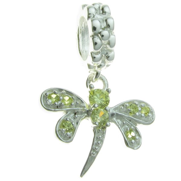 Sterling Silver Dragonfly CZ Light Peridot Crystal Dangle Bead Compatible with European Story Charm 3mm Snake Cable Chain Bracelets 925