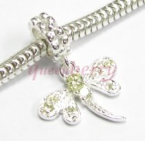Sterling Silver Dragonfly CZ Light Peridot Crystal Dangle Bead Compatible with European Story Charm 3mm Snake Cable Chain Bracelets 925