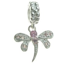 Sterling Silver Dragonfly CZ Pink Rose Crystal Dangle Bead Compatible with European Story Charm 3mm Snake Cable Chain Bracelets