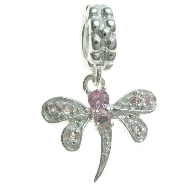 Sterling Silver Dragonfly CZ Pink Rose Crystal Dangle Bead Compatible with European Story Charm 3mm Snake Cable Chain Bracelets