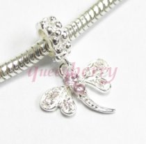 Sterling Silver Dragonfly CZ Pink Rose Crystal Dangle Bead Compatible with European Story Charm 3mm Snake Cable Chain Bracelets