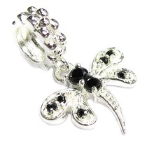 Sterling Silver Dragonfly CZ Jet Black Crystal Dangle Bead Compatible with European Story Charm 3mm Snake Cable Chain Bracelets