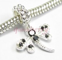 Sterling Silver Dragonfly CZ Jet Black Crystal Dangle Bead Compatible with European Story Charm 3mm Snake Cable Chain Bracelets