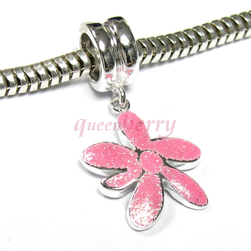 Sterling Silver Shinny Enamel Pink FLOWER dangle Bead for European Story Charm Bracelets