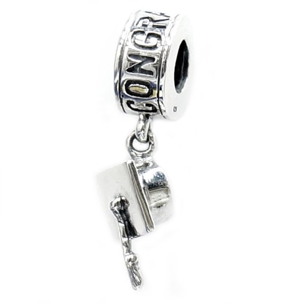 Sterling silver Congratulation Graduation grad cap Hat Dangle Bead for European Charm Bracelets