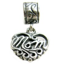 Sterling Silver Heart Love MOM Dangle Bead for European Charm Bracelets