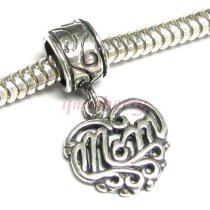 Sterling Silver Heart Love MOM Dangle Bead for European Charm Bracelets