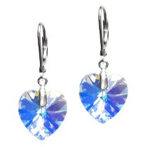 Swarovski Crystal Love Heart Clear AB Sterling Silver Leverback Dangle Earrings