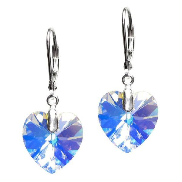 Swarovski Crystal Love Heart Clear AB Sterling Silver Leverback Dangle Earrings