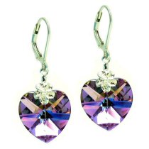 Swarovski Crystal Flower Love Heart Purple Sterling Silver Leverback Dangle Earrings
